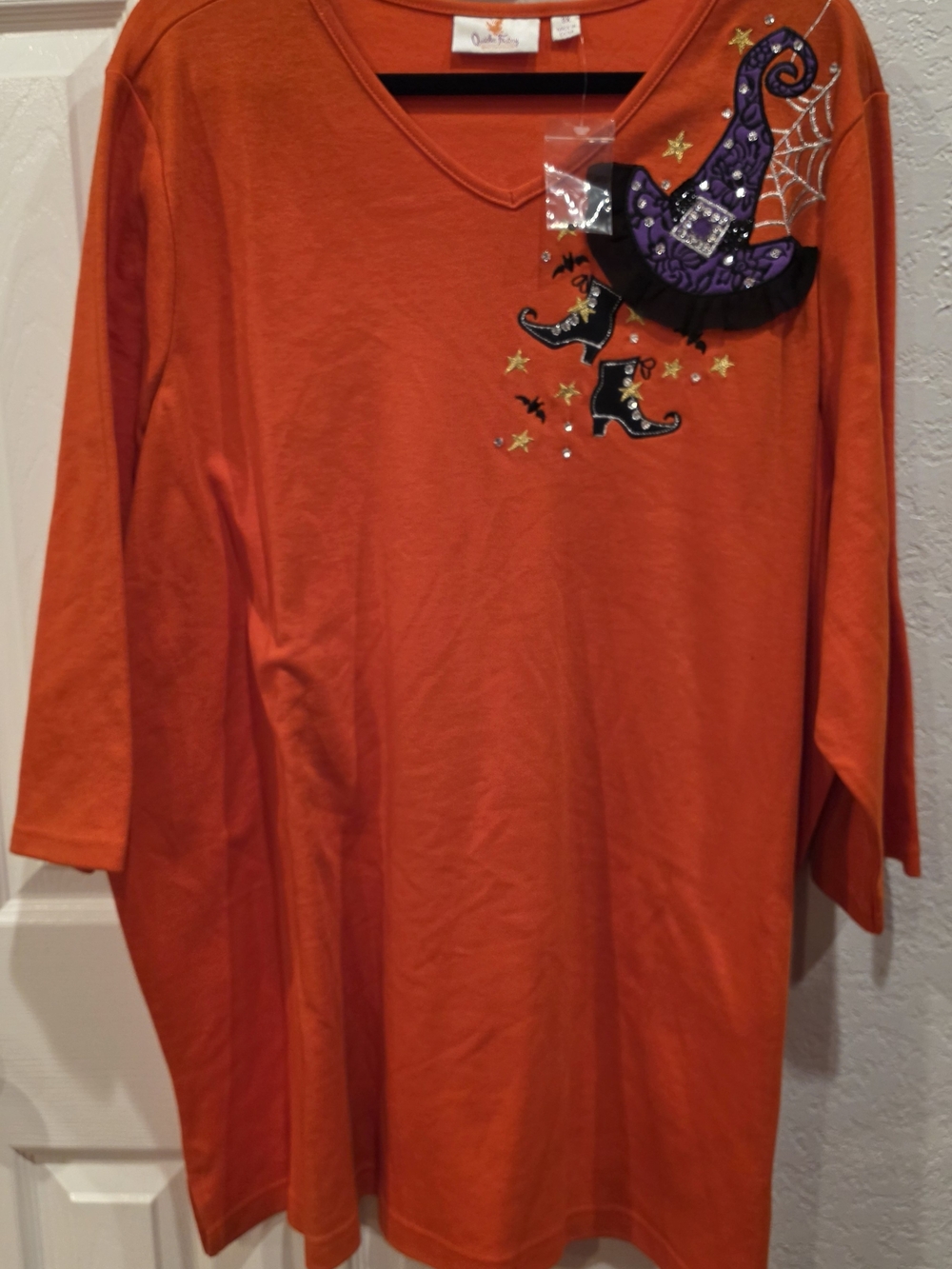 Quacker Factory Orange Halloween Top with Purple Witch Hat Graphic